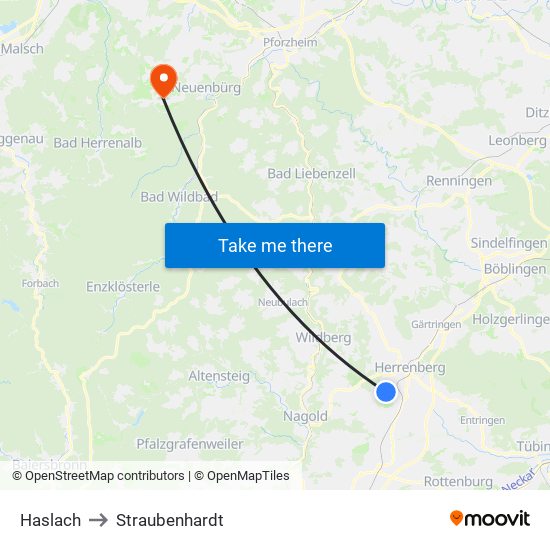 Haslach to Straubenhardt map