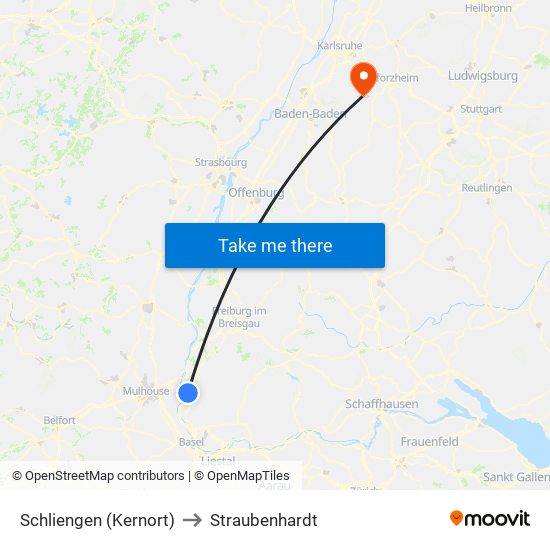 Schliengen (Kernort) to Straubenhardt map