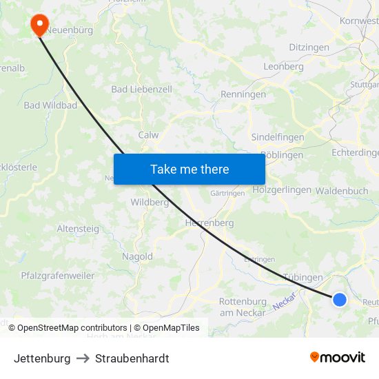 Jettenburg to Straubenhardt map