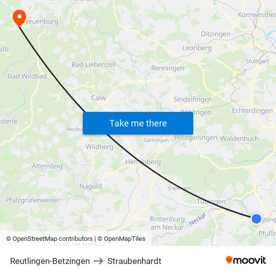 Reutlingen-Betzingen to Straubenhardt map