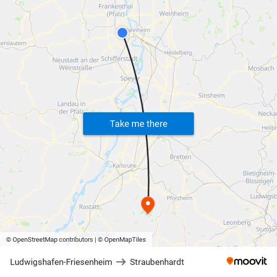 Ludwigshafen-Friesenheim to Straubenhardt map