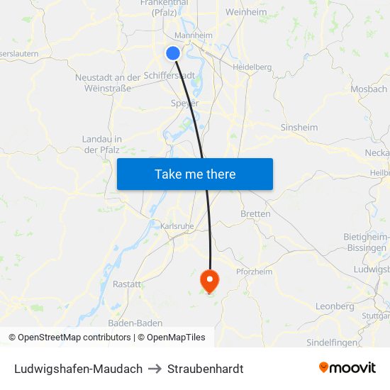Ludwigshafen-Maudach to Straubenhardt map