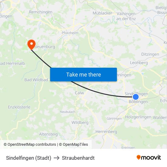 Sindelfingen (Stadt) to Straubenhardt map