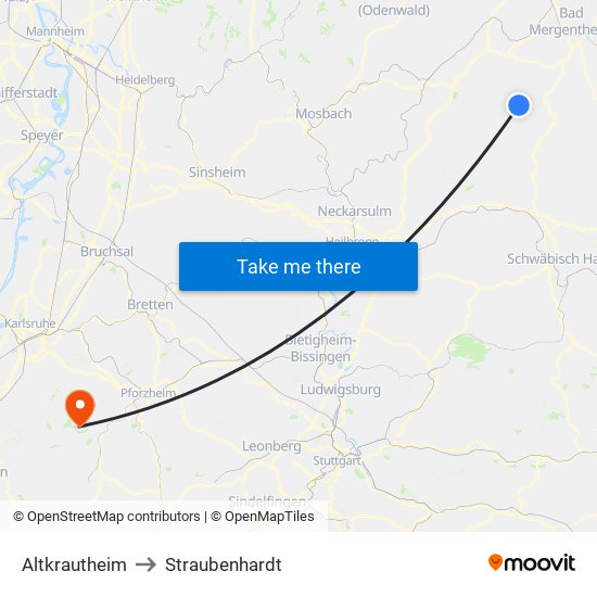 Altkrautheim to Straubenhardt map