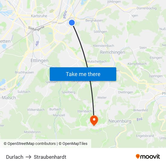 Durlach to Straubenhardt map