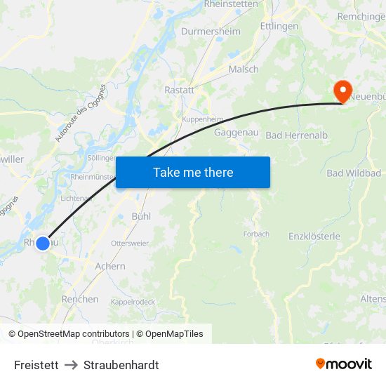 Freistett to Straubenhardt map