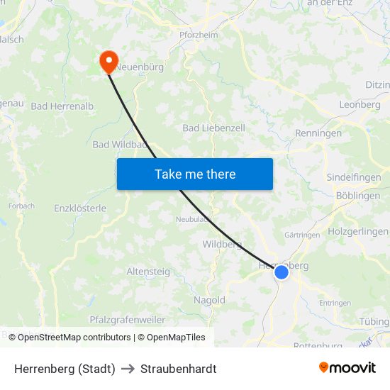 Herrenberg (Stadt) to Straubenhardt map