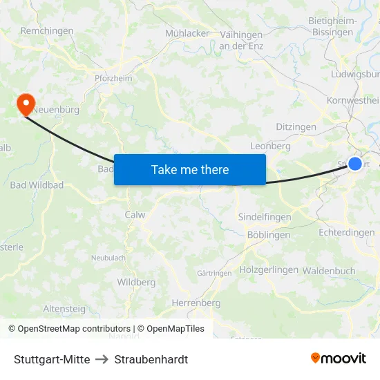 Stuttgart-Mitte to Straubenhardt map