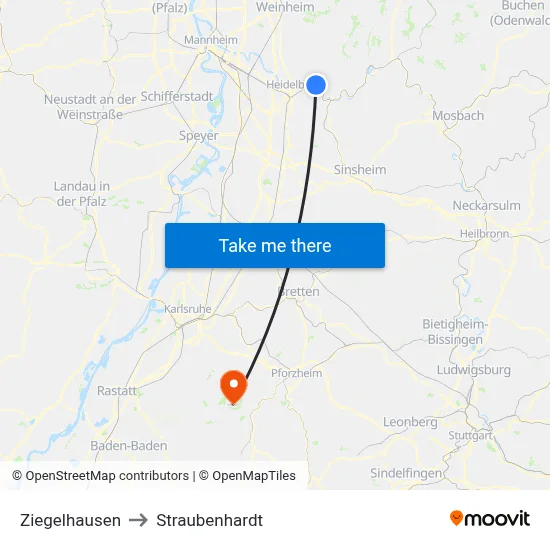 Ziegelhausen to Straubenhardt map