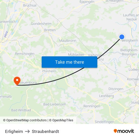 Erligheim to Straubenhardt map