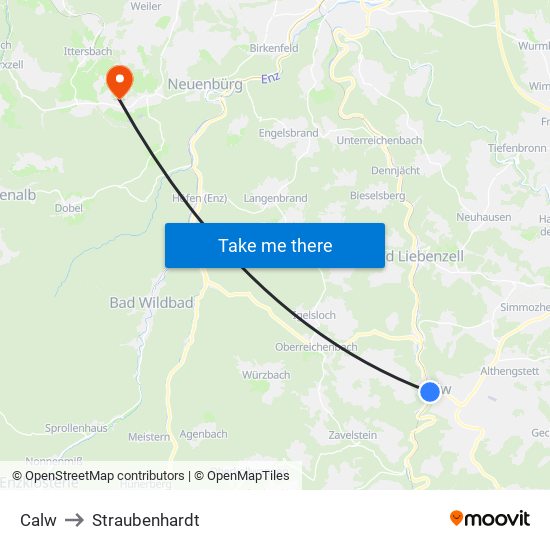 Calw to Straubenhardt map