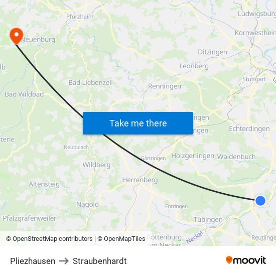 Pliezhausen to Straubenhardt map