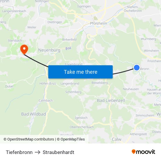 Tiefenbronn to Straubenhardt map