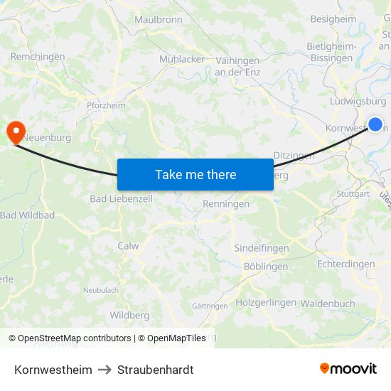 Kornwestheim to Straubenhardt map