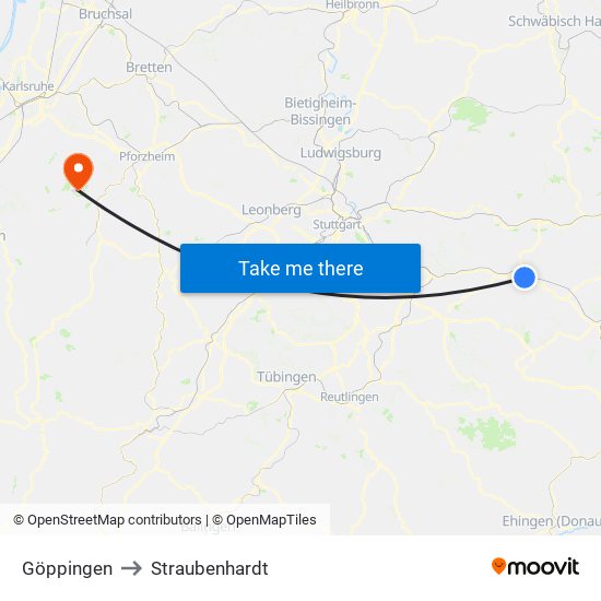 Göppingen to Straubenhardt map