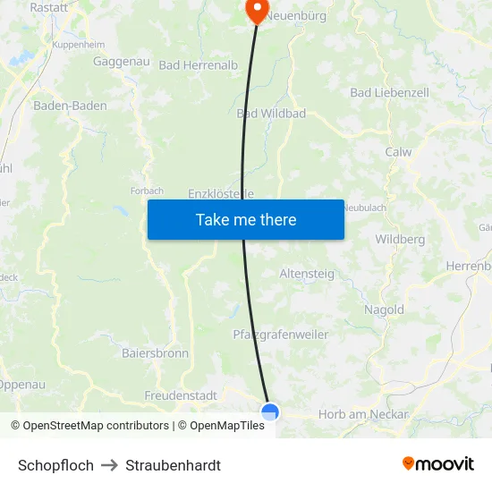 Schopfloch to Straubenhardt map