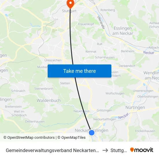 Gemeindeverwaltungsverband Neckartenzlingen to Stuttgart map