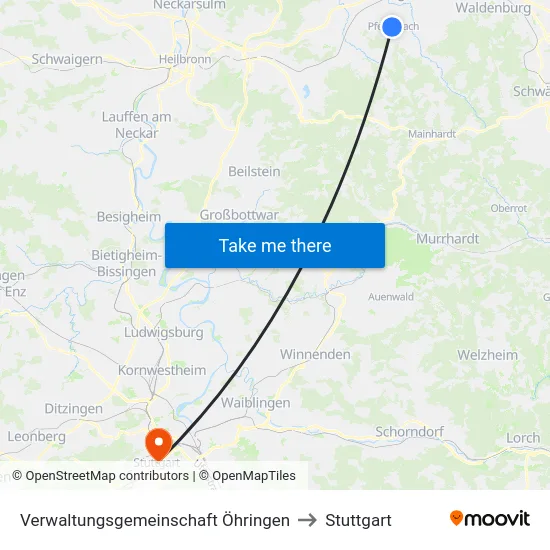 Verwaltungsgemeinschaft Öhringen to Stuttgart map