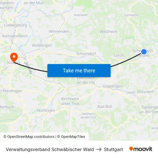 Verwaltungsverband Schwäbischer Wald to Stuttgart map