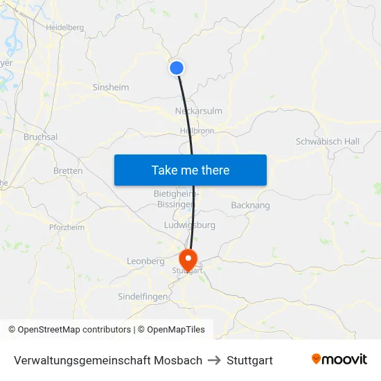 Verwaltungsgemeinschaft Mosbach to Stuttgart map