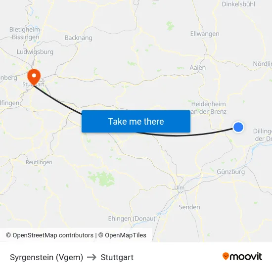 Syrgenstein (Vgem) to Stuttgart map