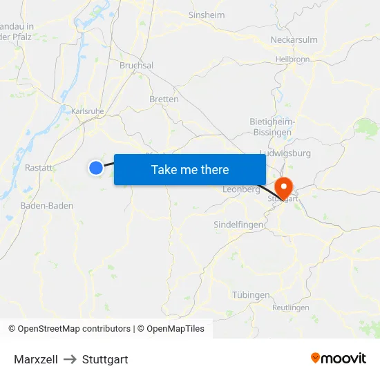 Marxzell to Stuttgart map