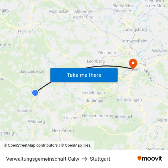 Verwaltungsgemeinschaft Calw to Stuttgart map