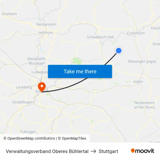 Verwaltungsverband Oberes Bühlertal to Stuttgart map
