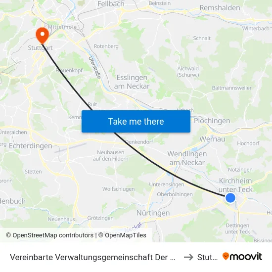 Vereinbarte Verwaltungsgemeinschaft Der Stadt Kirchheim Unter Teck to Stuttgart map