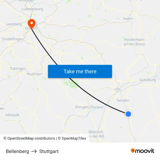 Bellenberg to Stuttgart map