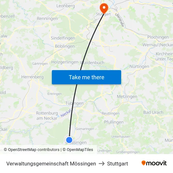 Verwaltungsgemeinschaft Mössingen to Stuttgart map