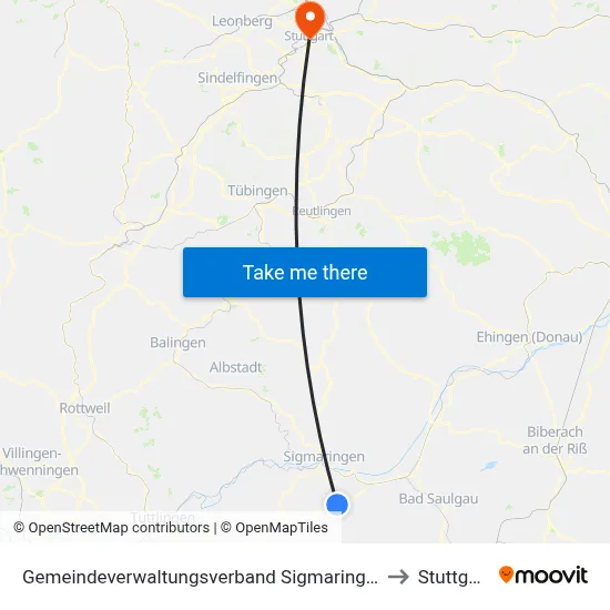Gemeindeverwaltungsverband Sigmaringen to Stuttgart map