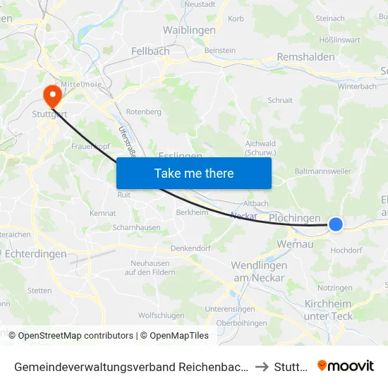 Gemeindeverwaltungsverband Reichenbach An Der Fils to Stuttgart map