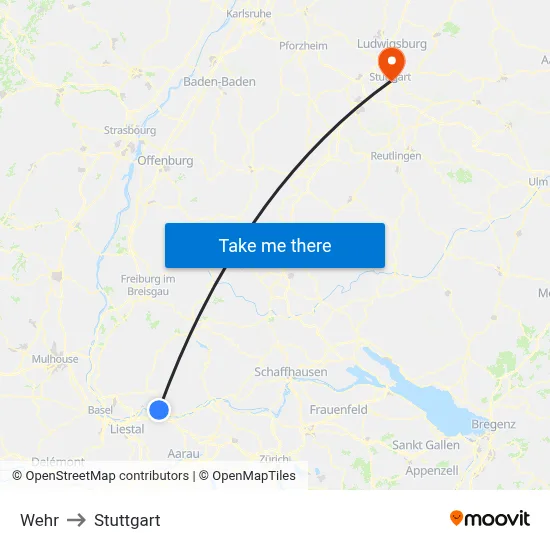 Wehr to Stuttgart map