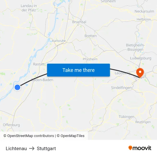 Lichtenau to Stuttgart map