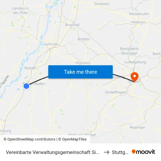 Vereinbarte Verwaltungsgemeinschaft Sinzheim to Stuttgart map