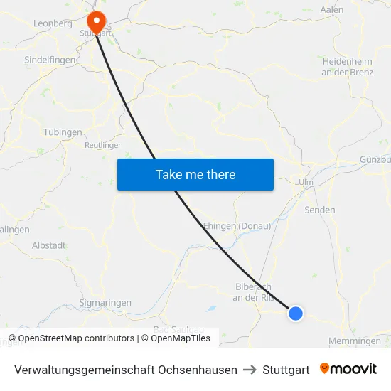 Verwaltungsgemeinschaft Ochsenhausen to Stuttgart map