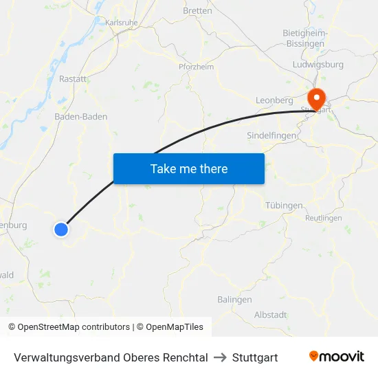 Verwaltungsverband Oberes Renchtal to Stuttgart map