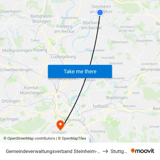 Gemeindeverwaltungsverband Steinheim-Murr to Stuttgart map