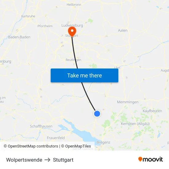 Wolpertswende to Stuttgart map