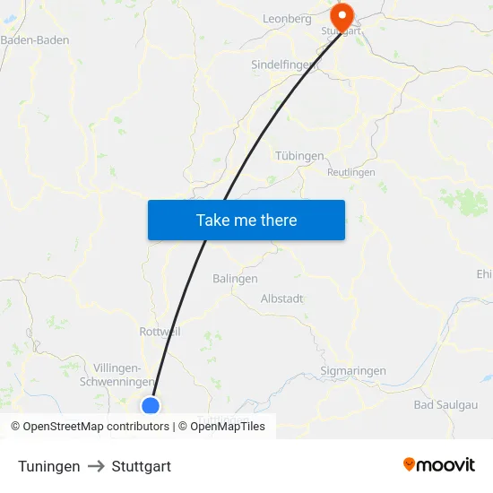 Tuningen to Stuttgart map