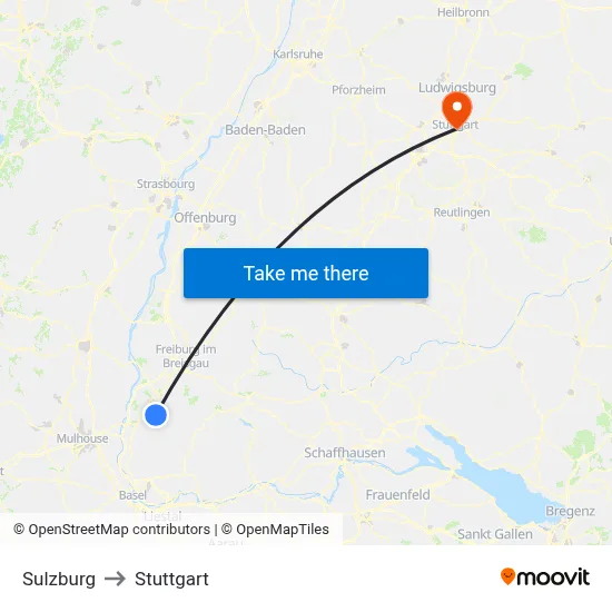 Sulzburg to Stuttgart map