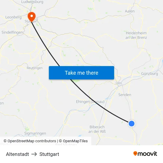 Altenstadt to Stuttgart map