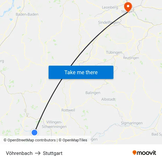 Vöhrenbach to Stuttgart map