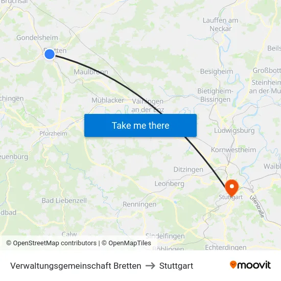 Verwaltungsgemeinschaft Bretten to Stuttgart map