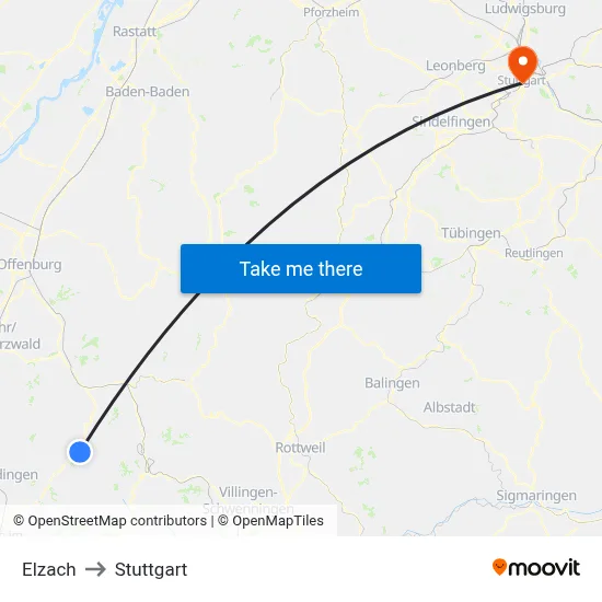 Elzach to Stuttgart map