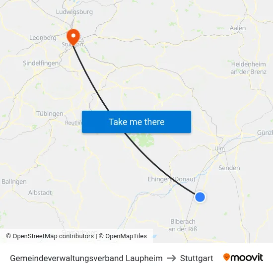 Gemeindeverwaltungsverband Laupheim to Stuttgart map
