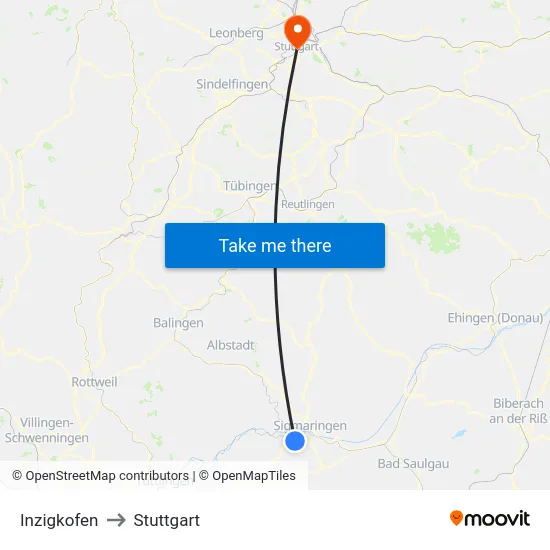 Inzigkofen to Stuttgart map