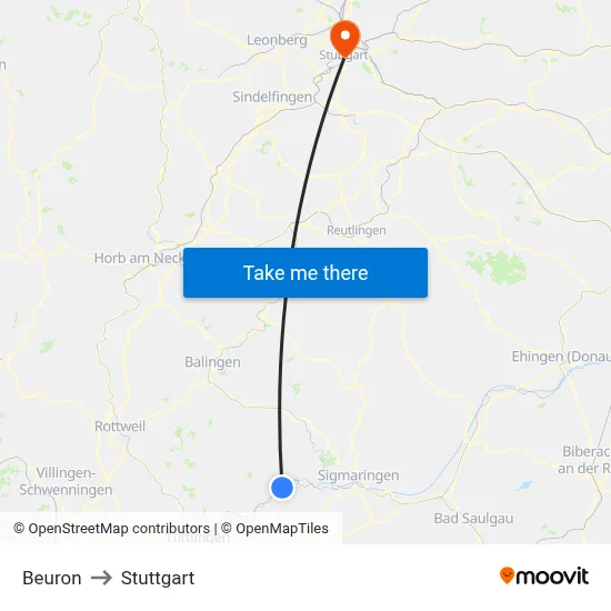 Beuron to Stuttgart map