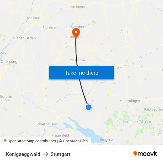 Königseggwald to Stuttgart map